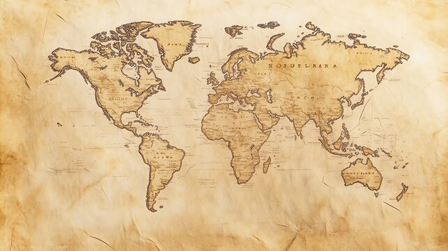 An aged world map.