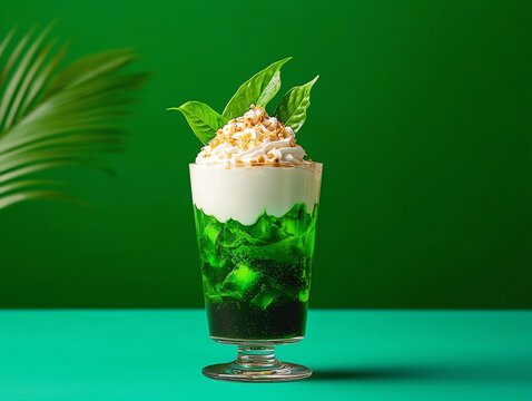 Filipino buko pandan dessert, sweet coconut and pandan jelly served in a vibrant glass with crushed ice and cream