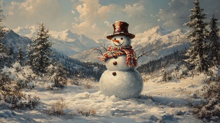 Obraz premium An outdoor scene of a snowman decorated with a scarf, hat, and buttons, surrounded by a snowy landscape and distant pine trees
