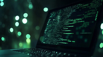 A close-up of a laptop screen filled with dynamic code, set against a dark background with subtle bokeh lights creating a tech-focused atmosphere