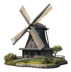 Windmill in a green rural landscape, cut out - stock png.