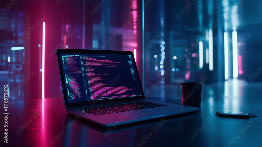 Aufkleber a futuristic workspace with a laptop displaying vibrant code, bathed in a moody combination of blue 