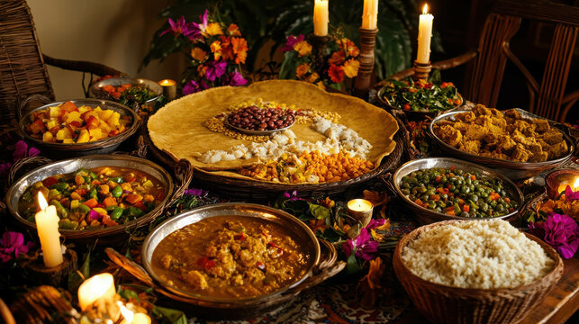 Colorful Festive Ethiopian Meskel Celebration with Traditional Dishes and Flowers