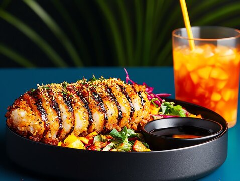 Filipino inihaw na pusit, grilled stuffed squid, served with soy calamansi dipping sauce and a vibrant side salad