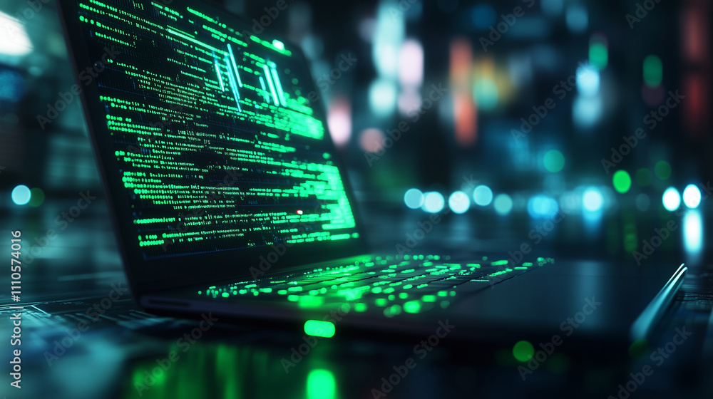 Poster a laptop glowing with green and blue code lines in a dark environment, with blurred led strips creat