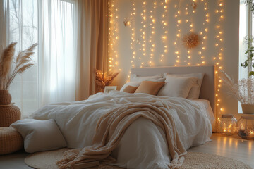 A serene bedroom setup for the New Year, with minimalist string lights cascading from a simple, flat-colored headboard