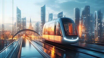 A futuristic tram crossing a modern city bridge with skyscrapers in the background