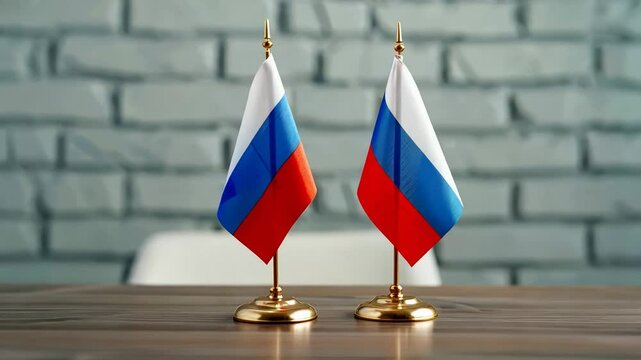 Two small Russian flags on a wooden table, symbolizing patriotism and national holidays