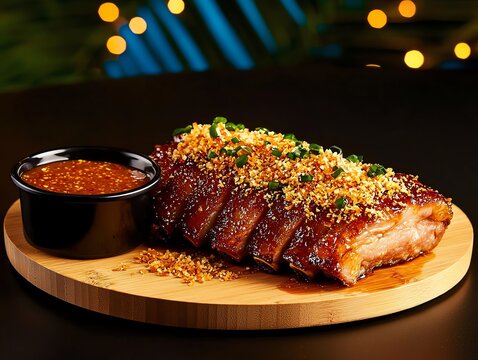 Filipino lechon kawali, crispy pork belly with spicy vinegar dip, artistically arranged on a wooden platter
