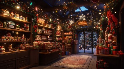 A cozy, festive store, where Christmas lights twinkle from the ceiling and illuminate every corner, creating a welcoming atmosphere for shoppers looking for holiday cheer.