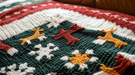 A cozy hand-knitted Christmas blanket made from yarn in deep reds, greens, and whites, decorated with small knitted reindeer and snowflakes.