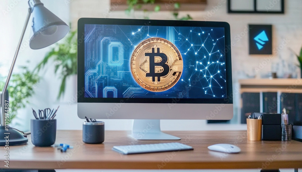 Poster bitcoin cryptocurrency showing on computer screen in modern office