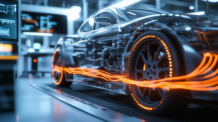 Fototapeta premium A high-tech car battery with orange cables radiating energy waves, placed in a modern lab filled with advanced equipment and displays