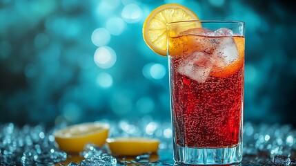 Refreshing Red Soda Drink with Lemon   Ice Cubes
