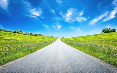 A long, empty road running through green fields dotted with wildflowers under a wide blue sky. The scene is peaceful and feels endless.