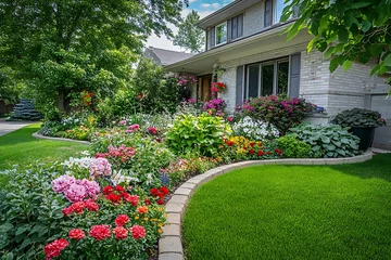 Beautiful flower bed with green grass in the garden and colorful flowers on it, beautiful lawn landscape design