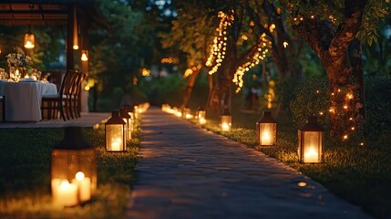 Romantic evening ambiance. Lit pathway with lanterns leading to a beautifully set outdoor dinner party under a gazebo.
