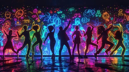 A vibrant silhouette dance party against a colorful, illuminated graffiti backdrop, showcasing movement and energy.