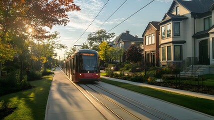 Obraz premium A tram traveling along a dedicated track in a suburban neighborhood