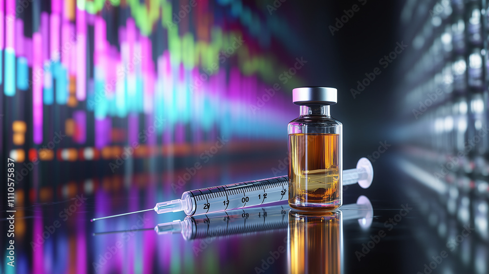 Aufkleber a detailed view of a glp-1 vial and syringe resting on a reflective surface, with a colorful growth 