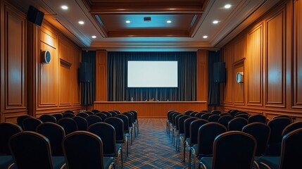 Empty conference room with rows of black chairs facing a large screen. The walls are wood paneled, creating a sophisticated and professional atmosphere.