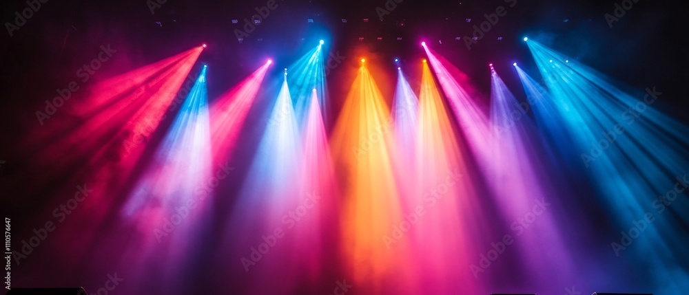 Poster dazzling beams of colorful light cascade over a concert stage creating a mesmerizing visual spectacl