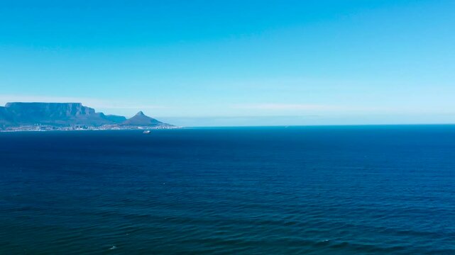 Table Mountain to Robben Island camera panning over Table Bay South Africa.