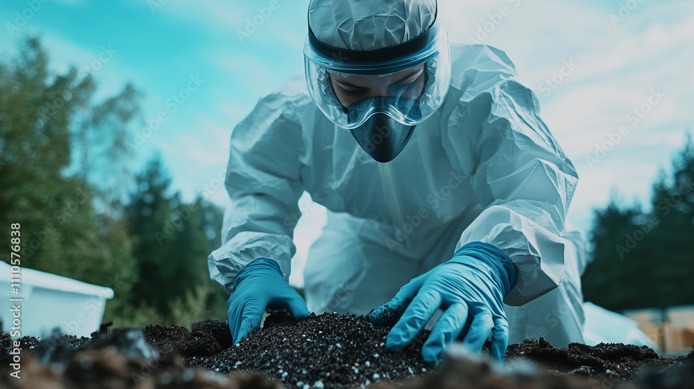 Poster a person in advanced protective gear carefully placing asbestos-containing materials into a secure c