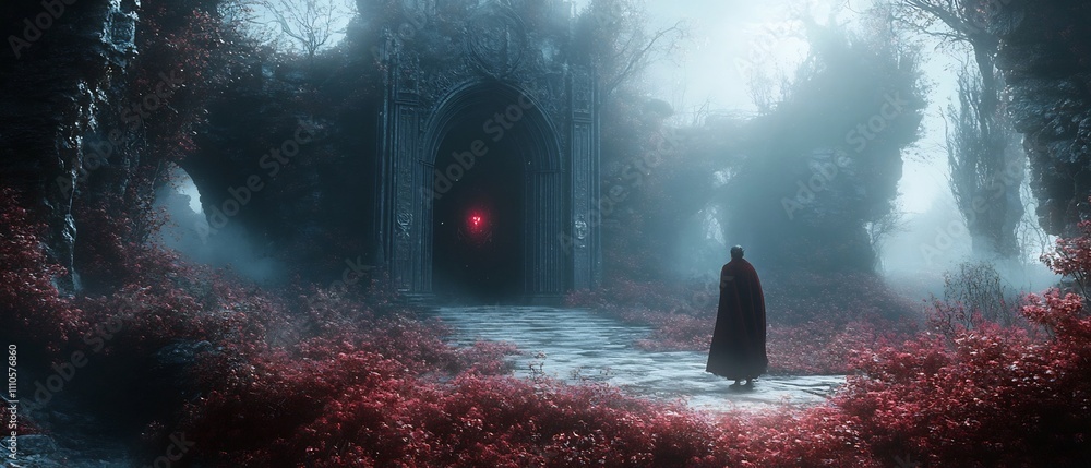 Poster a mysterious and enchanting forest path winds through the mist leading towards an ethereal and omino