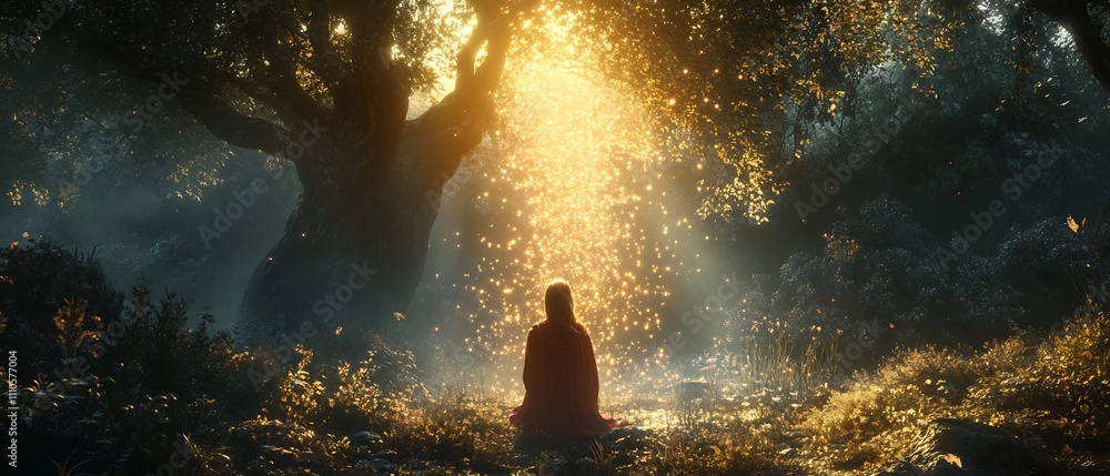Poster dramatic and enchanting forest scene with a glowing ethereal atmosphere and captivating rays of ligh