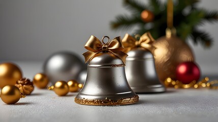 golden Christmas bells decorated with red bows