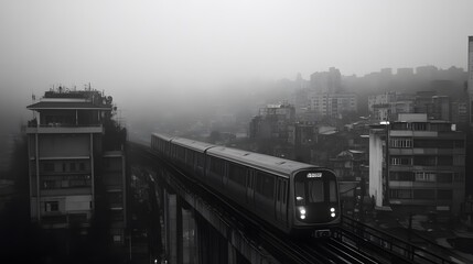 Naklejka premium A subway train gliding smoothly along elevated tracks above an urban neighborhood