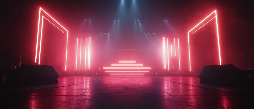 Futuristic concert stage with captivating neon geometric LED lighting design creating a visually striking and dynamic atmosphere for live music performances parties and other events