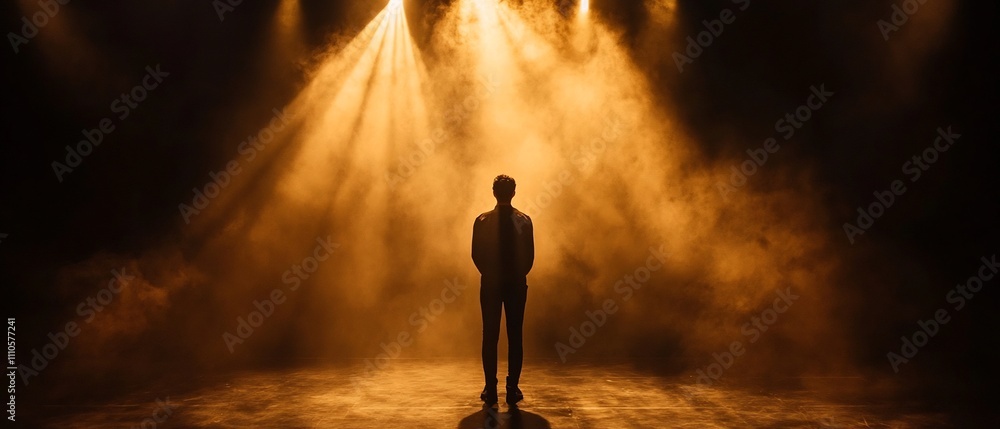 Poster silhouetted figure of a solo performer standing under a warm focused beam of light creating an intim