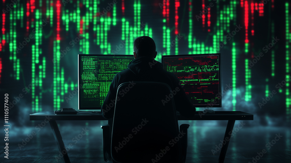 Aufkleber a lone hacker seated in front of a large monitor showing stock market manipulation, with green and r