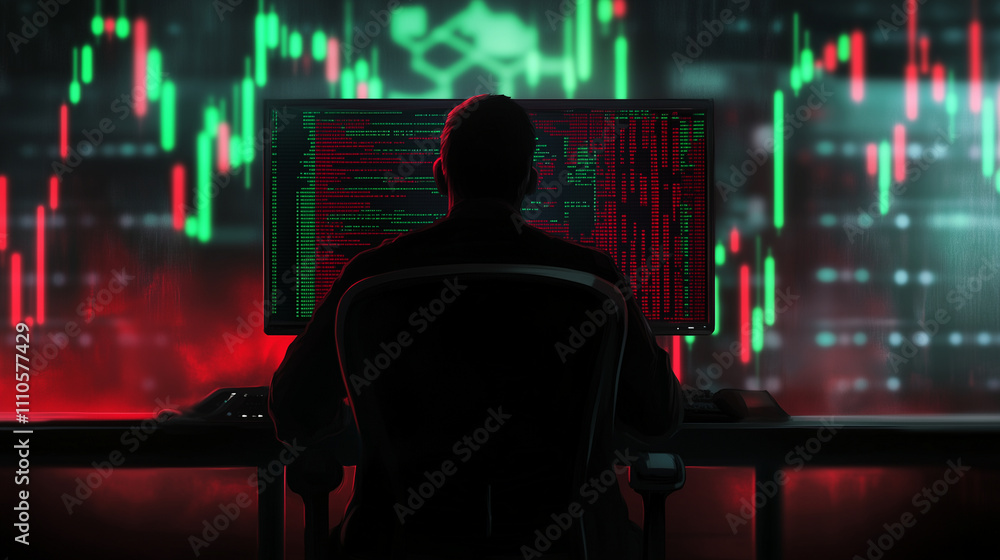 Aufkleber a lone hacker seated in front of a large monitor showing stock market manipulation, with green and r