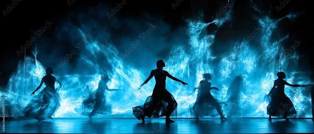 Poster ethereal shadow dancers on illuminated stage with abstract patterns and dynamic movement captivating