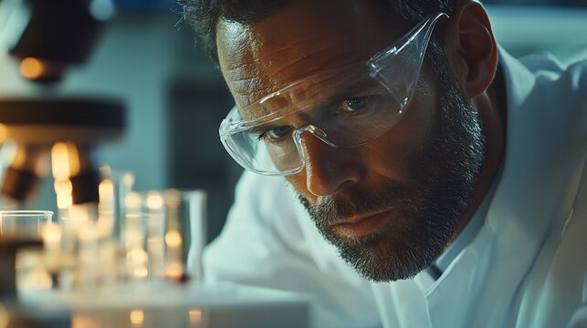 Focused scientist using microscope in lab.