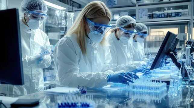 Laboratory Research Team Analyzing Samples with Advanced Technology in Modern Bioengineering Facility, Focusing on Precision in Scientific Experiments and Data Collection