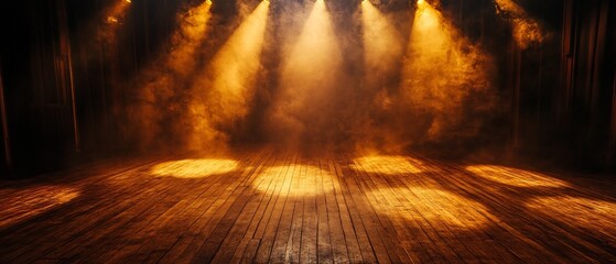 Fototapeta premium Warm and Subtle Spotlights Casting a Nostalgic Atmosphere During a Theatrical Event on a Wooden Stage Backdrop