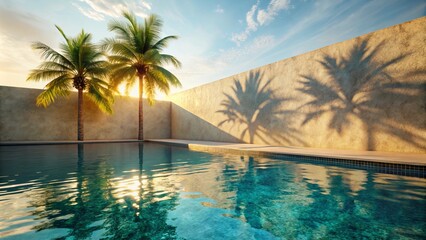 Tropical Summer Retreat with Plaster Wall, Pool Water, and Palm Shadows at a Luxury Hotel Resort - Perfect Beach Vacation Aesthetic Mockup for Relaxing Holiday Getaways