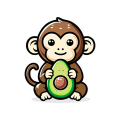 a monkey holding an avocado with a big green avocado in its mouth.