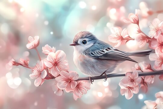 Cute bird sitting on a branch of pink flowers in pastel color cartoon style - Powered by Adobe