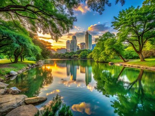 Urban Oasis: Tranquil Zilker Park at Dawn with Lush Greenery and Serene Water Reflections Under a Soft Morning Glow