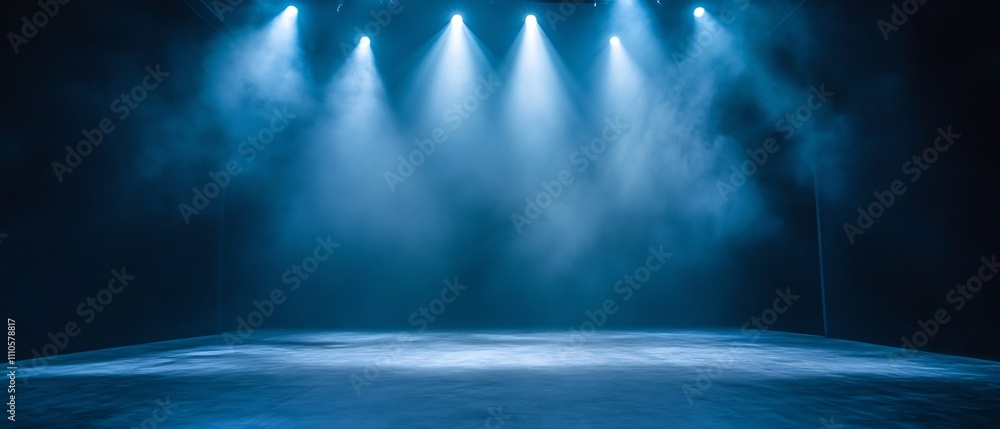 Poster minimalist and elegant stage scene illuminated by ambient spotlights creating a dramatic and moody a