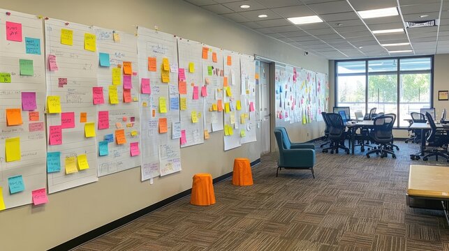 A vibrant workspace bursts with color and creativity.  Large sheets of paper covered in colorful sticky notes adorn the walls, showcasing a collaborative project in progress.