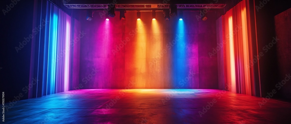 Poster dramatic theatrical lighting setup with sharp contrasts of vibrant saturated colors and deep moody s
