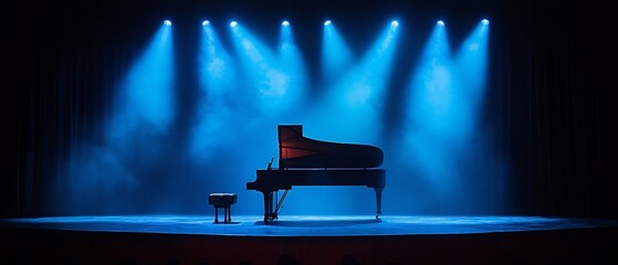 Fototapeta premium Soft ambient lighting bathes the stage setting a calm and introspective mood for a captivating grand piano performance The solitary piano stands as the focal point