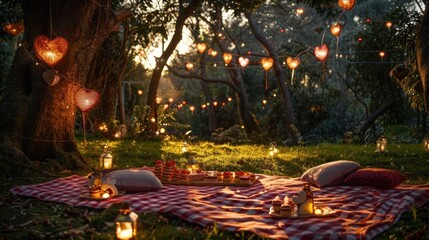 Enchanting nighttime picnic in a serene forest setting with twinkling string lights glowing lanterns and a cozy intimate atmosphere perfect for a romantic or special occasion