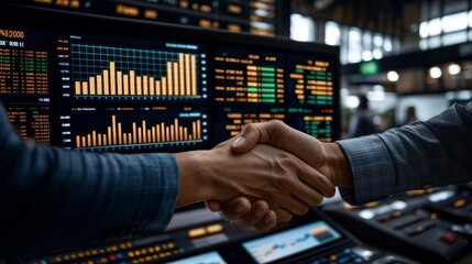 Naklejka premium Business Deal Handshake Signaling Financial Growth in a Modern Trading Environment with Data Analytics